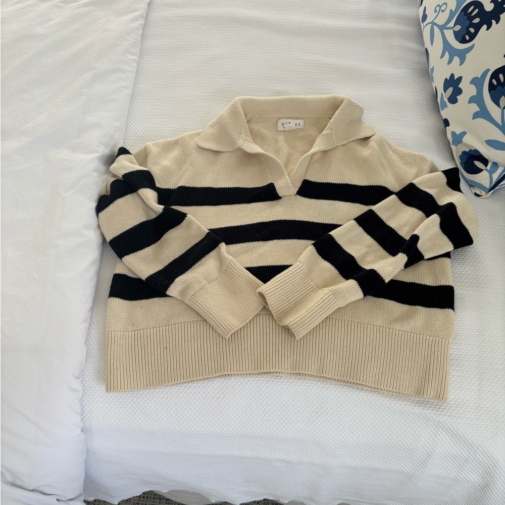 Velvet brand Black and Cream Striped V-Neck Sweater
